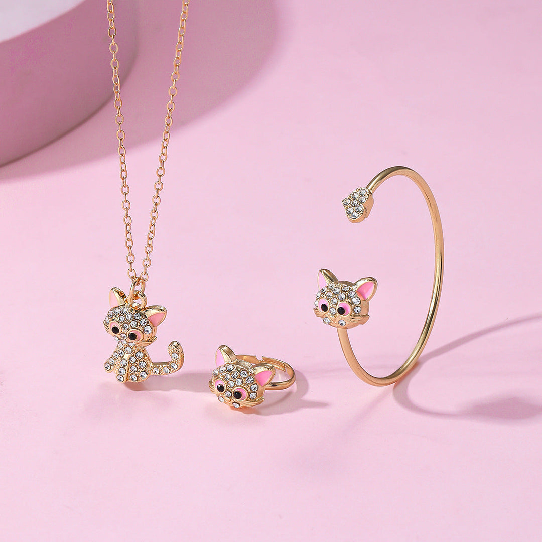Gold-tone playful cat jewelry set for women, including a cute cat necklace, ring, & bracelet. Pet lover gift.