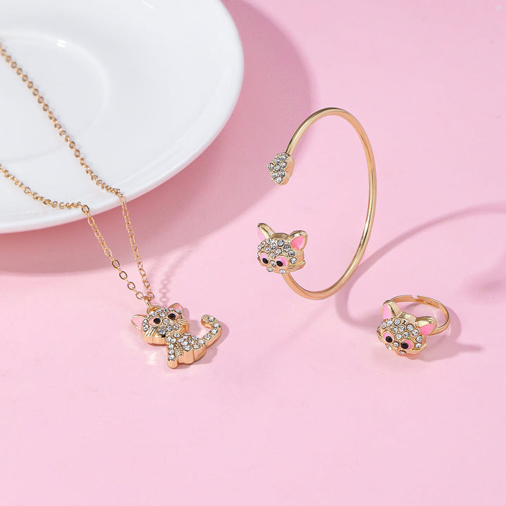 Women's animal jewelry set: playful gold-tone cat necklace, adjustable cat ring, & matching bracelet.