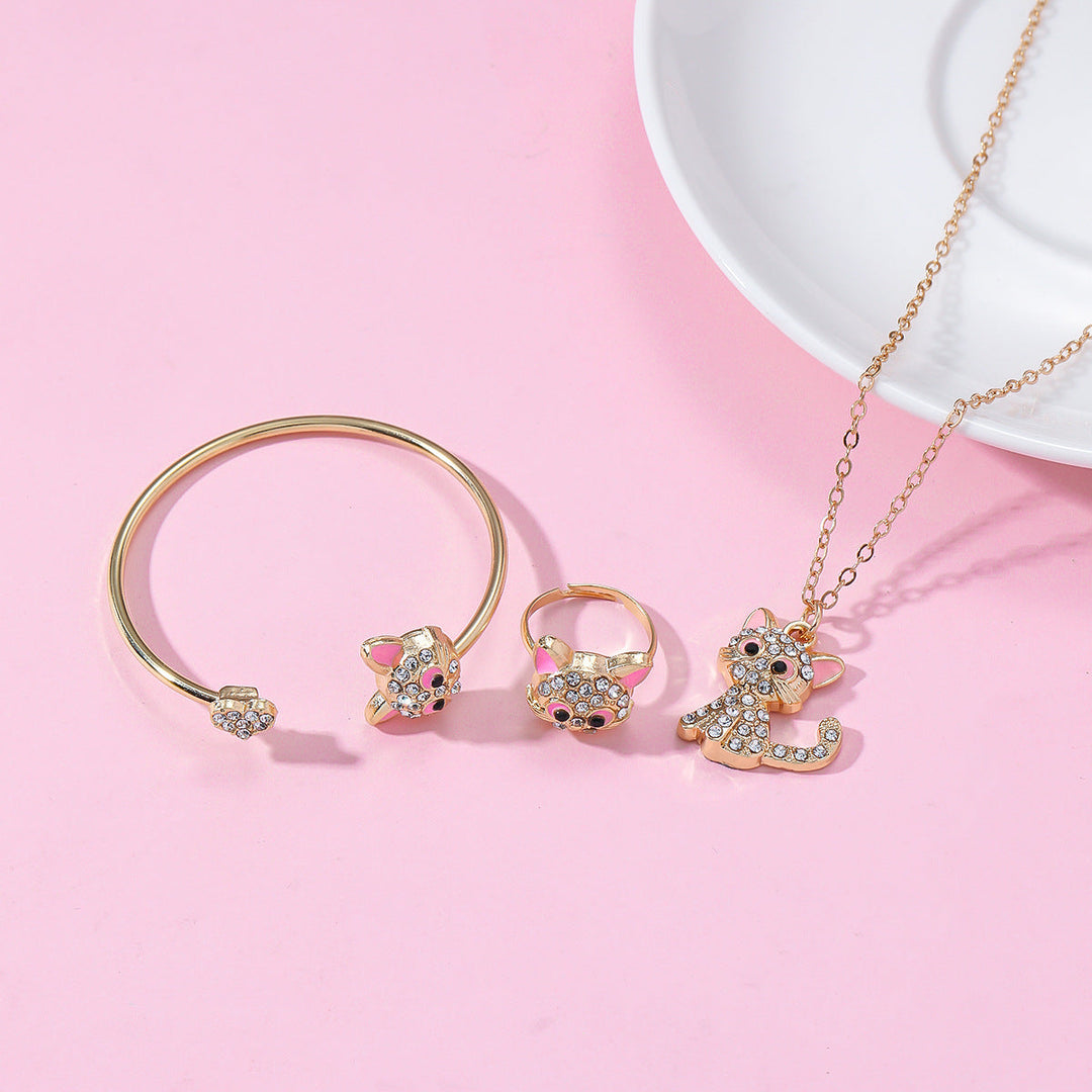 Cute cat themed jewelry set, a gold-tone necklace, ring & bracelet. Ideal pet lover gift for women's fashion.