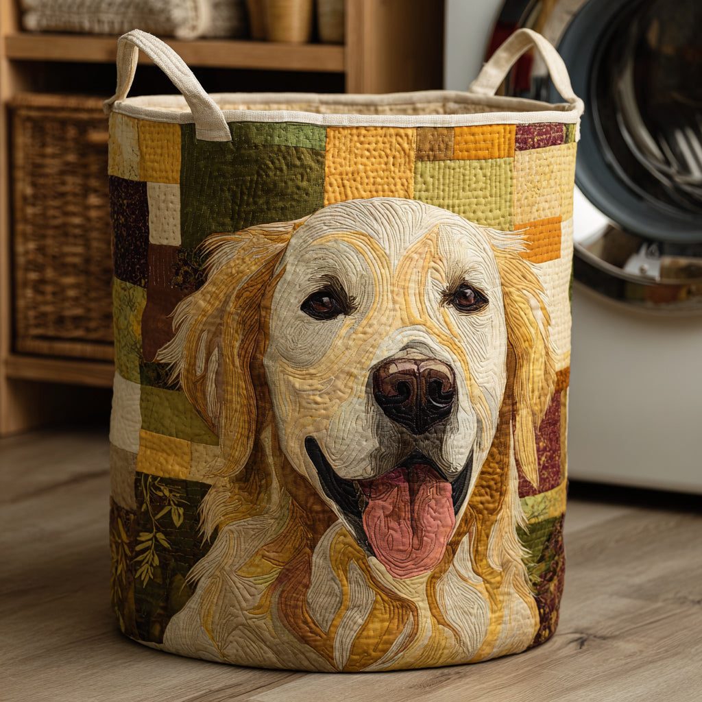 Golden Retriever laundry basket, quilted storage bin for dog decor & home organization. Foldable & pet-friendly.