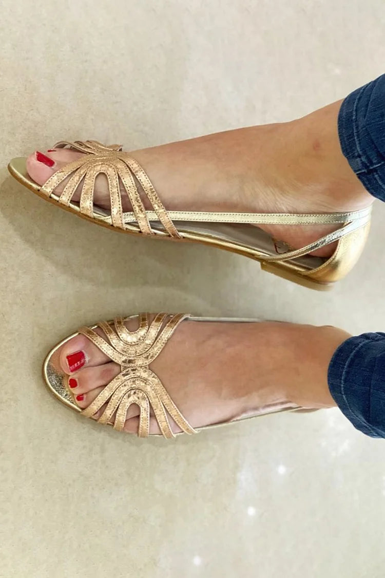 Golden slip-on summer sandals for women, offering effortless style and comfort for warm weather.
