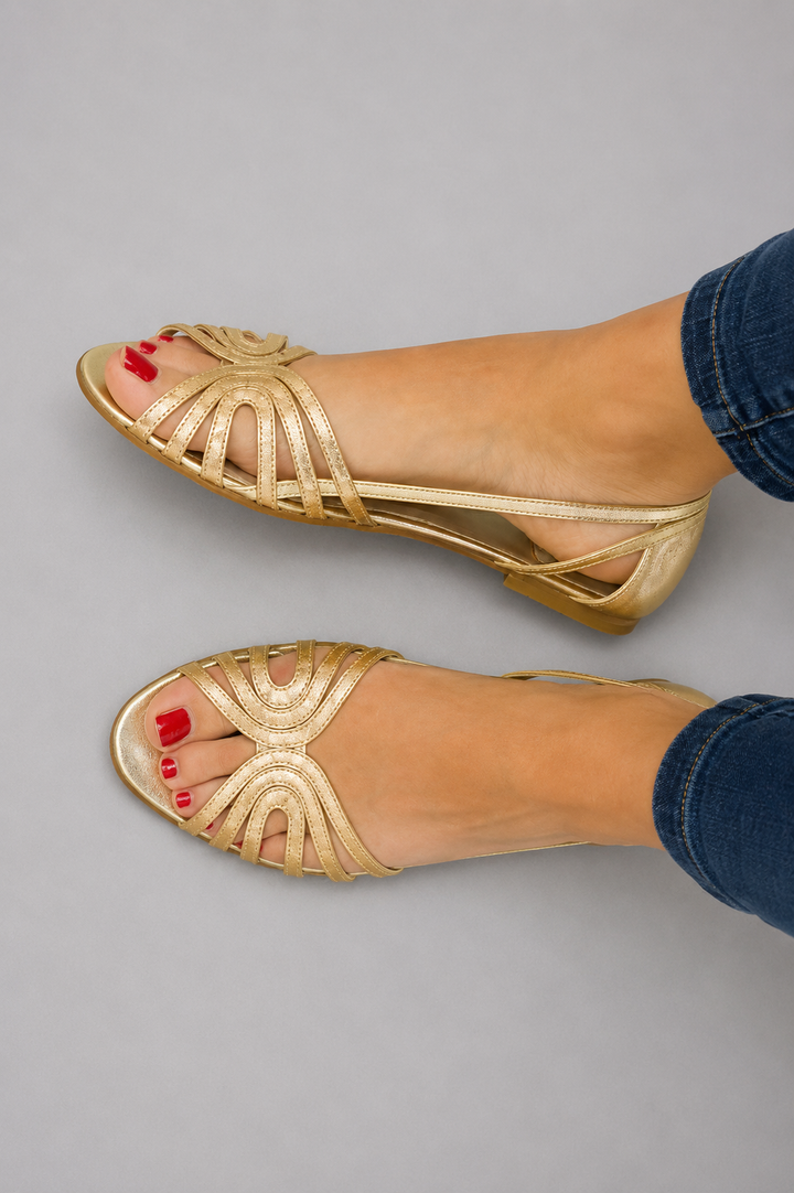 Fashionable golden slip-on sandals, women's comfortable summer shoes, perfect for warm weather and everyday wear.