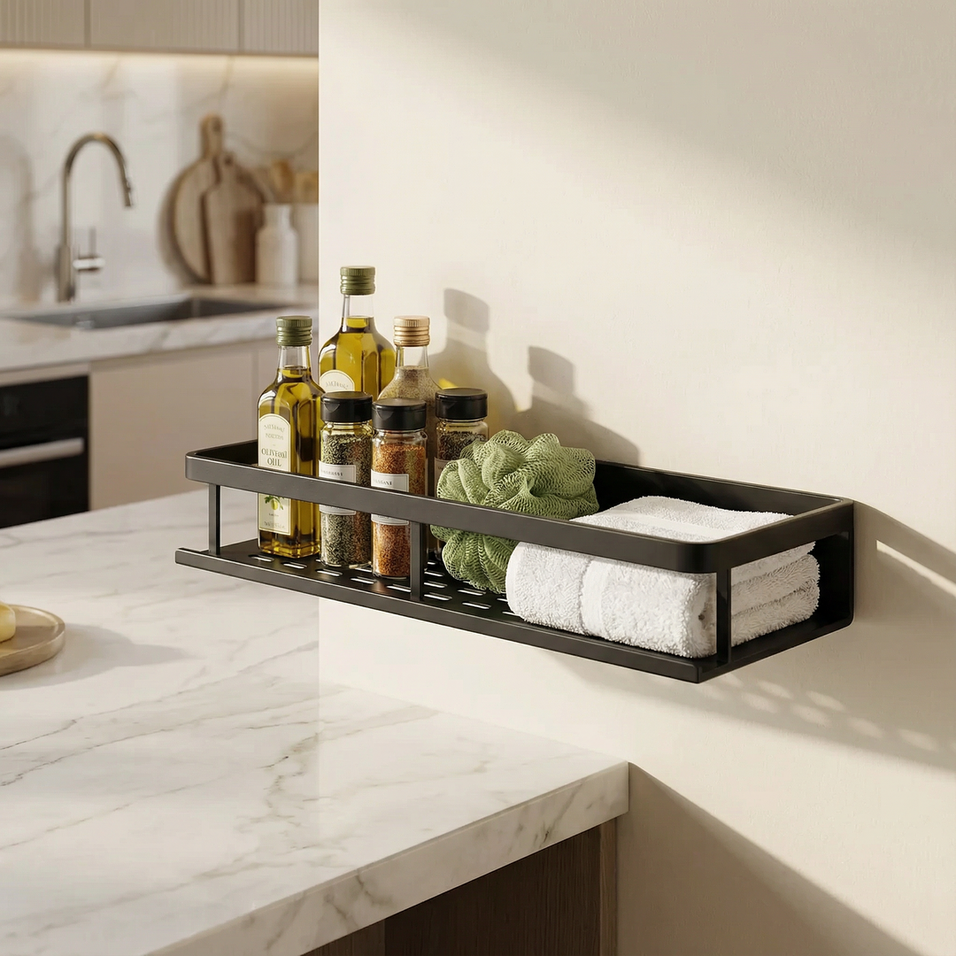 Durable gray metal kitchen shelf, wall-mounted for space-saving storage of spices and kitchen utilities with hooks.