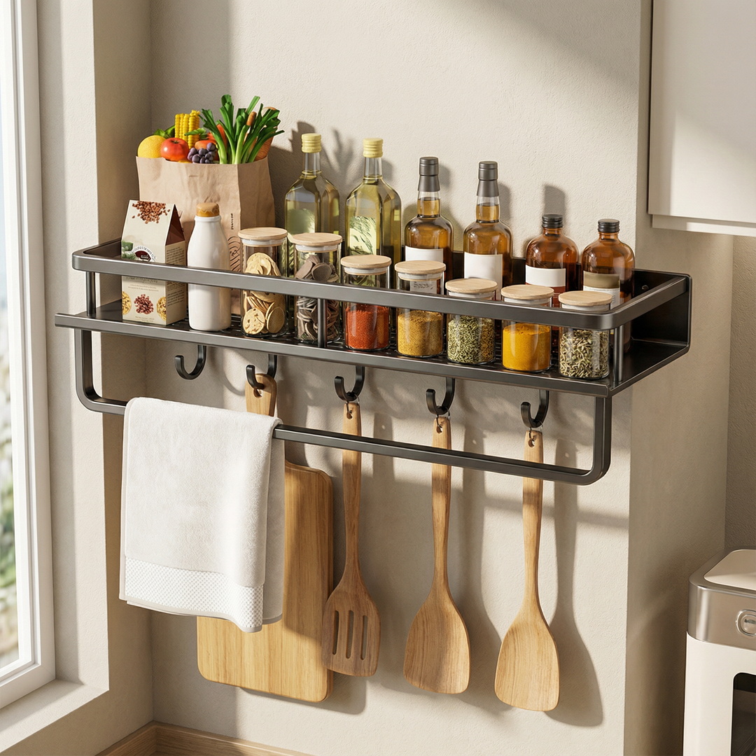 Space-saving gray metal kitchen wall shelf, ideal for kitchen organization, includes hooks for hanging utensils.