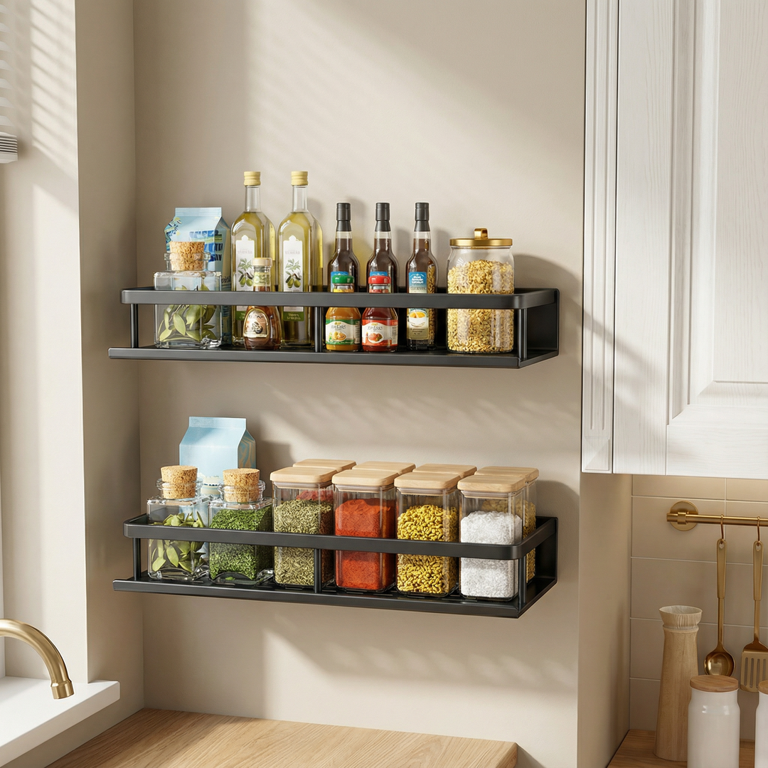 Modern gray kitchen wall shelf functioning as a spice rack and utility organizer, made of metal with convenient hooks.