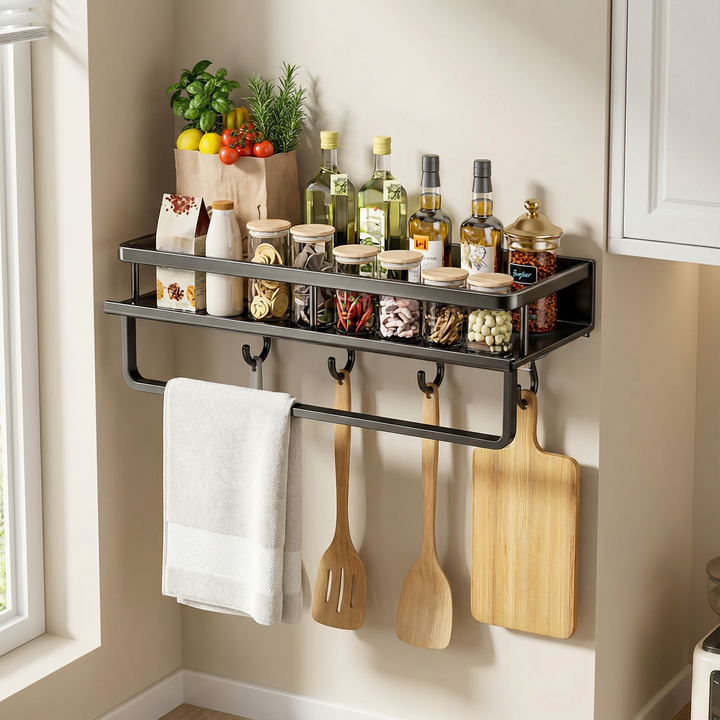 Sleek gray metal wall shelf for kitchen storage, a practical solution for organizing spices and utensils with hooks.