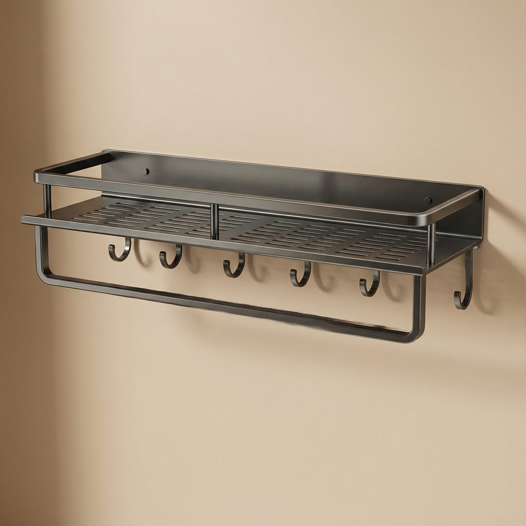 Gray metal kitchen wall storage rack with hooks, perfect for space-saving organization of spices and other kitchen items.