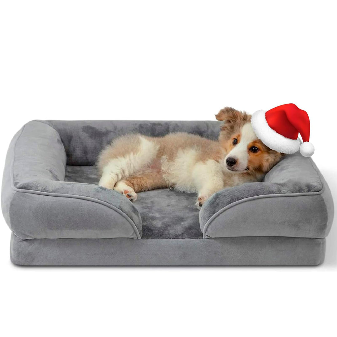 Plush gray memory foam dog bed, designed for orthopedic joint support & muscle relief, with an anti-slip base.