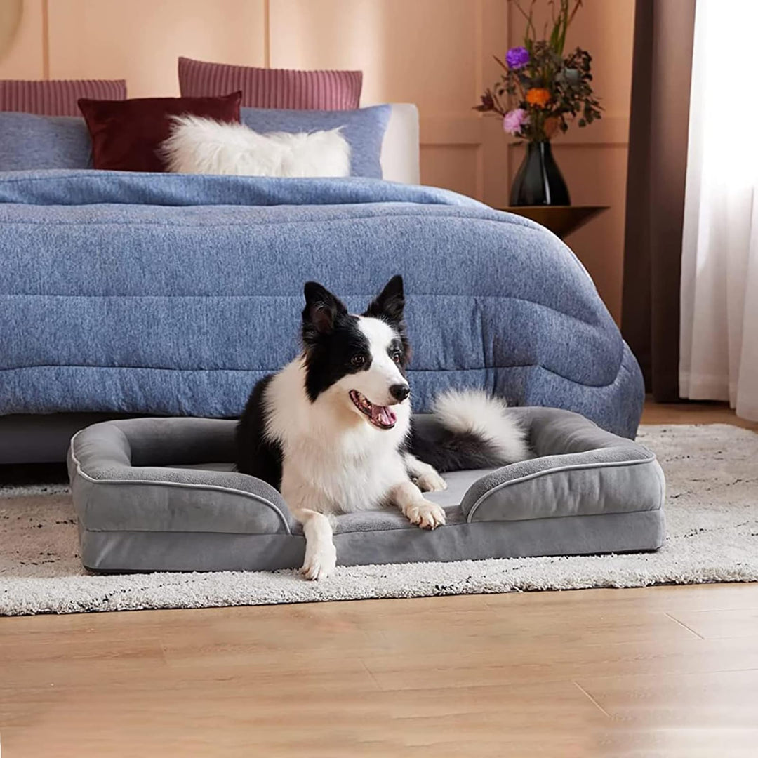 New gray plush orthopedic dog bed with premium memory foam for joint relief and ultimate pet comfort. Washable.