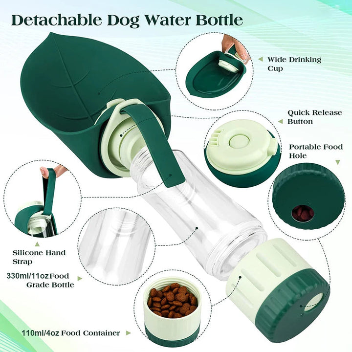 Green 2-in-1 portable dog travel bottle for water and food. Leak-proof pet hydration & snack dispenser.