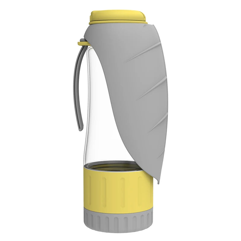 Portable blue dog travel water bottle & food dispenser, perfect for outdoor walks, hikes, & pet trips.