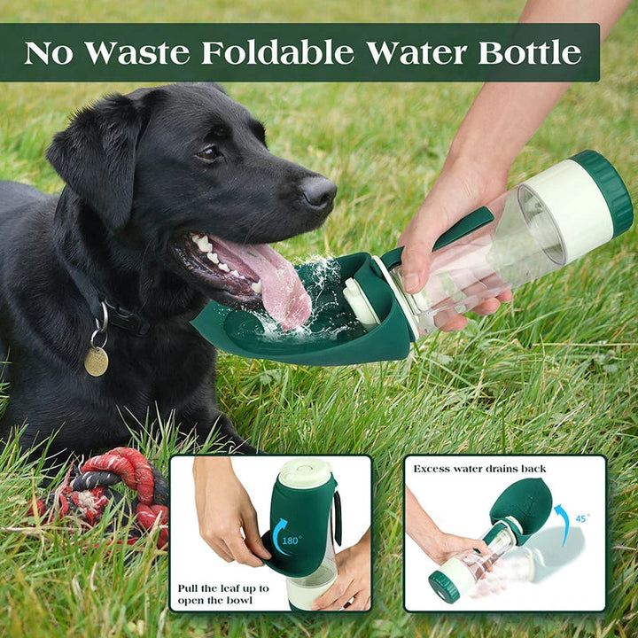 Essential dog accessory: 2-in-1 portable pet travel bottle. Dispenses water & food for active dogs on the go.