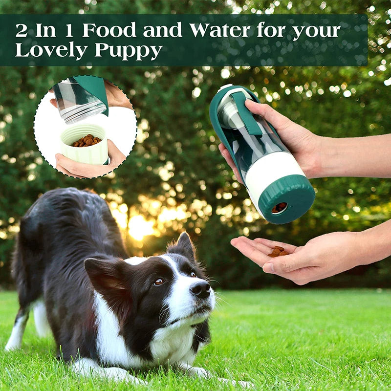 Leak-proof 2-in-1 green dog water and food travel bottle, designed for convenient pet feeding & hydration outdoors.