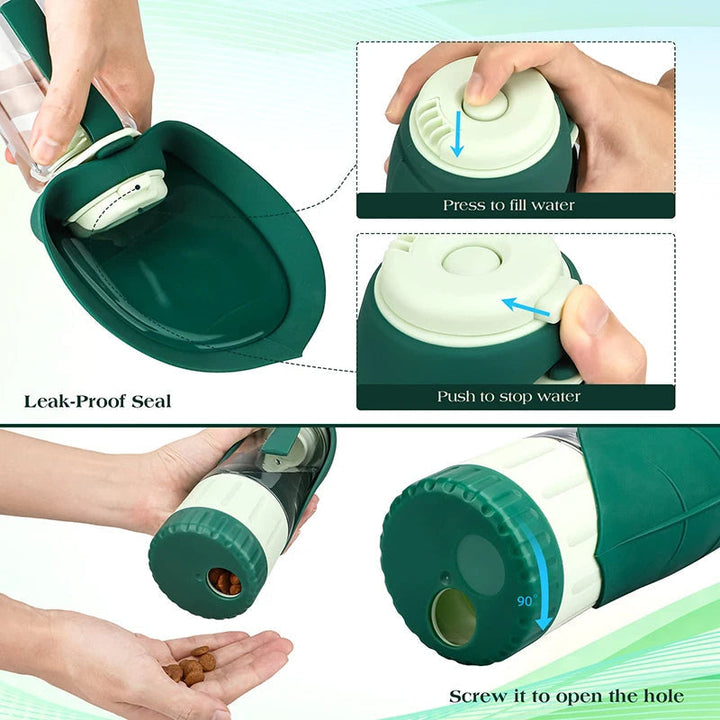 Blue all-in-one portable dog travel bottle for water & food. Keeps pets hydrated & fed during outdoor adventures.