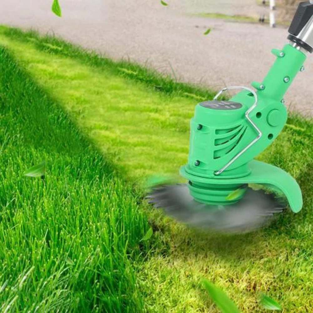 Green cordless grass trimmer for perfect lawn edges. Lightweight & adjustable garden tool.