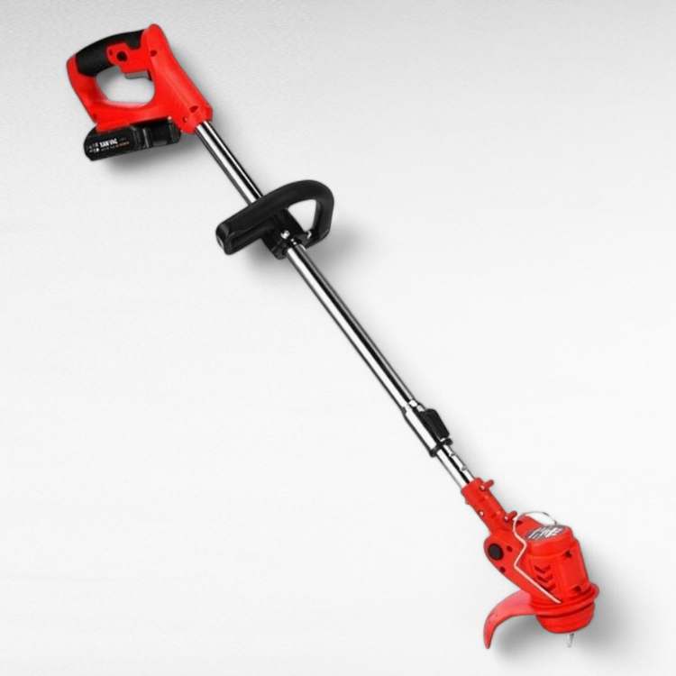 Green cordless grass trimmer, an adjustable electric garden tool for neat lawn care.