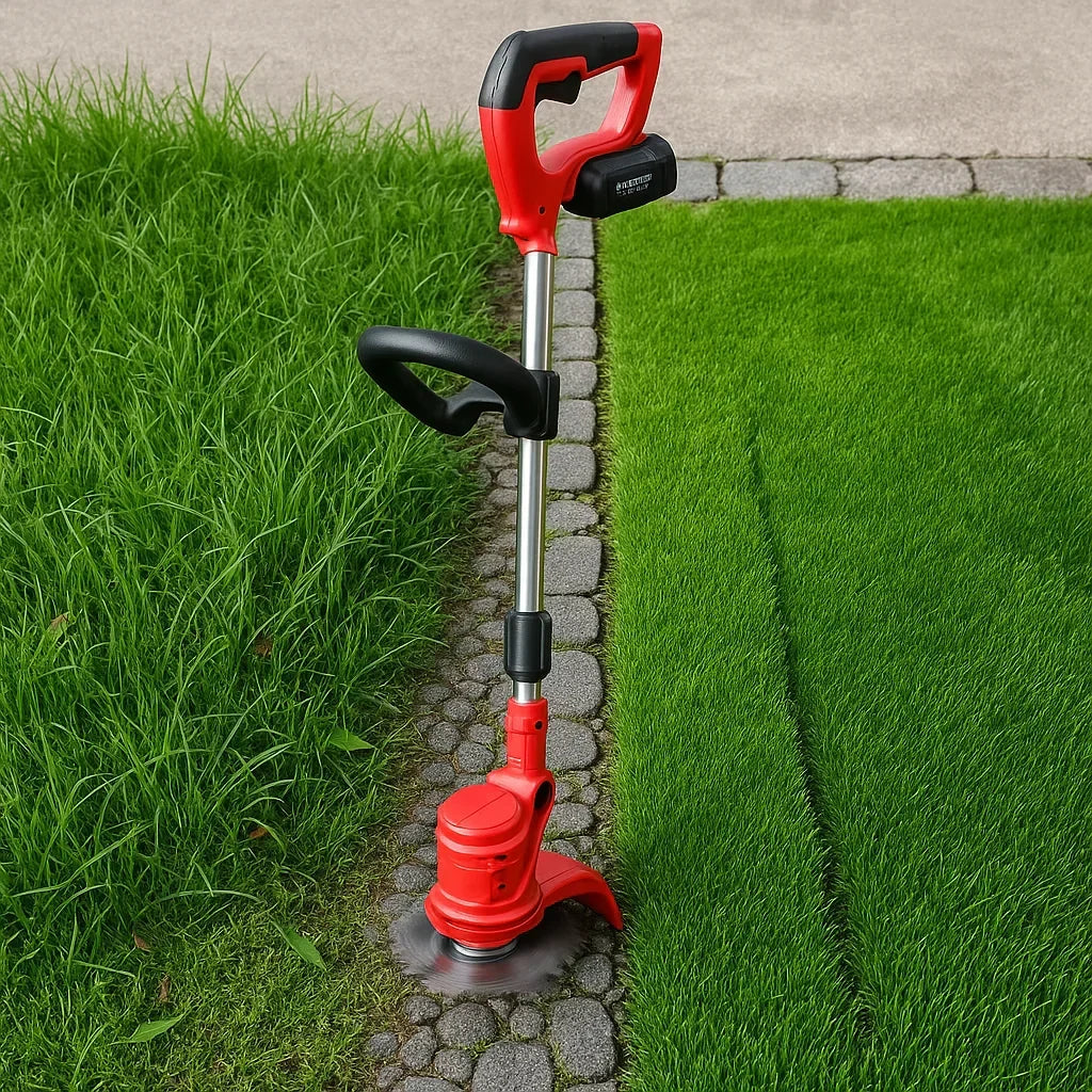 Electric cordless grass trimmer in green, perfect for trimming lawn edges & garden tidying.