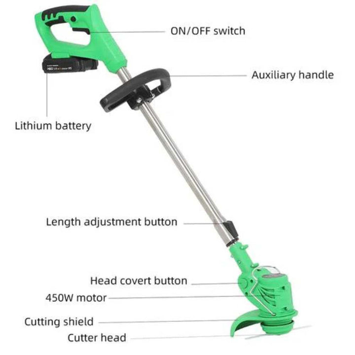 Green cordless electric grass trimmer, lightweight, adjustable, and perfect for lawn care.