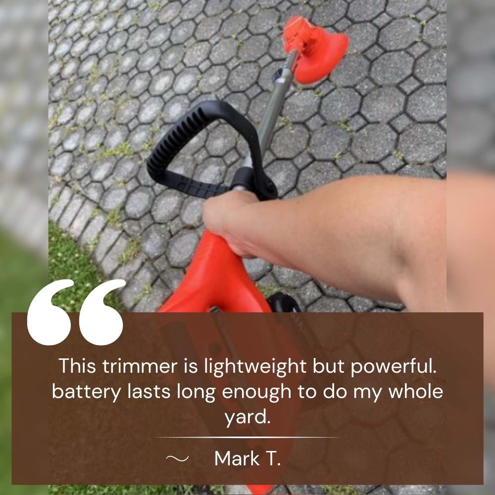 Trimming lawn edges with a green cordless grass trimmer, a powerful and adjustable garden tool.