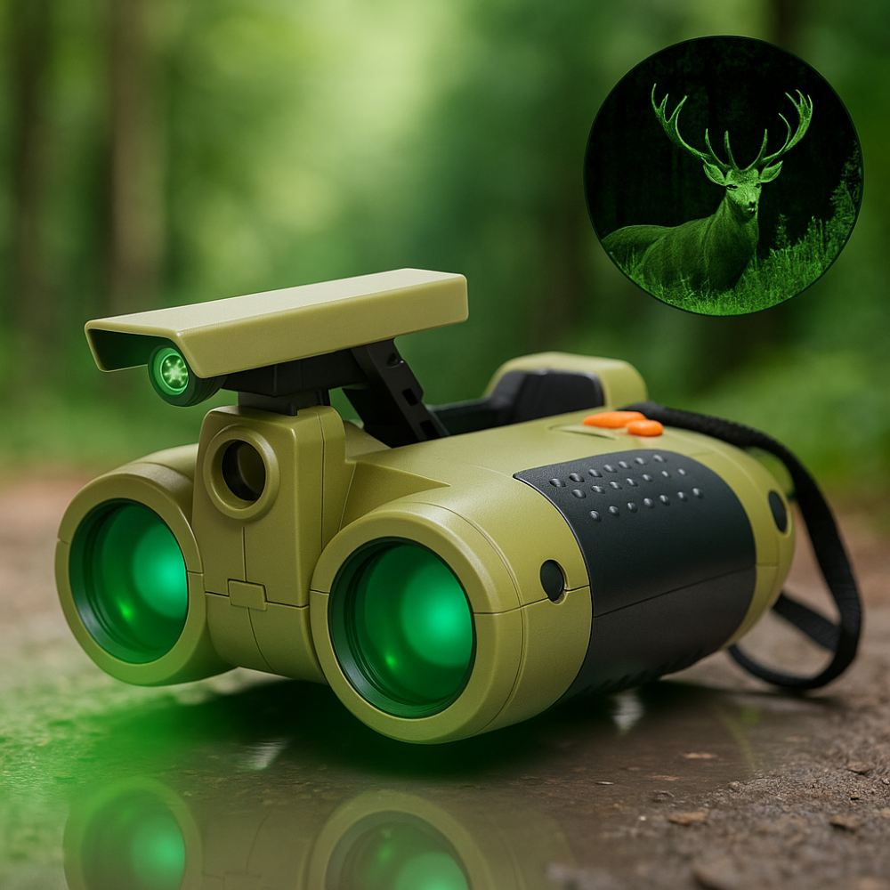 Green kids' night vision binoculars toy for outdoor exploration, adventure play, and spy games. Educational gear.