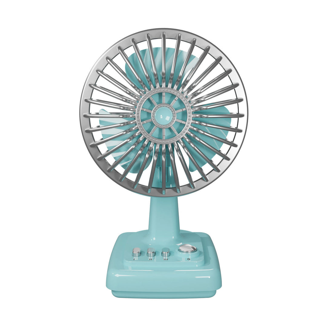 Stylish portable retro fan with quiet operation, enhancing vintage decor in a cozy living room.