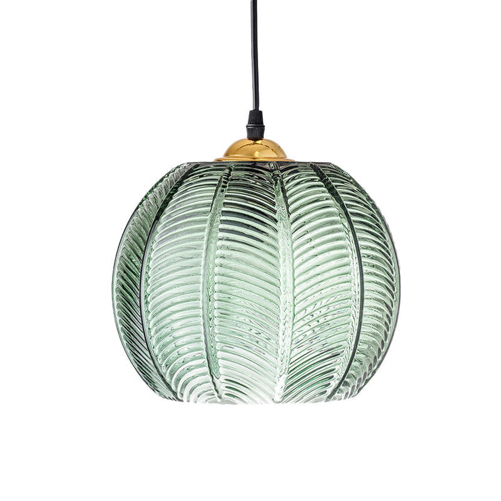 Elegant ribbed green glass dome pendant light, a stylish hanging lamp for kitchen islands and modern home interiors.