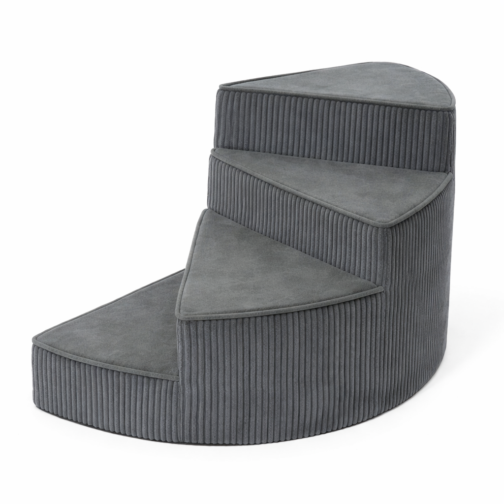 Senior dog stairs, beige foam pet steps with non-slip base, joint support for pets.