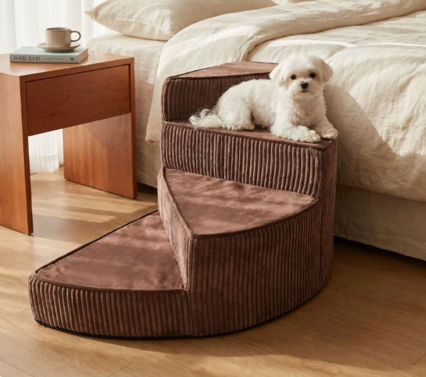 Brown non-slip pet stairs, foam steps for small to medium dogs, enhancing mobility.