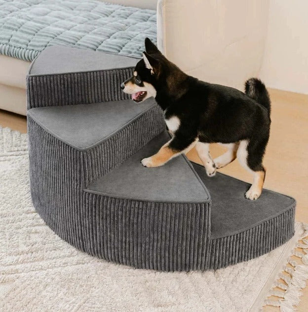 Beige pet stairs for joint support, soft foam steps for small dogs, with cover.