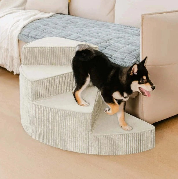 Grey foam dog steps, non-slip pet stairs for small dogs, aiding senior pet mobility.
