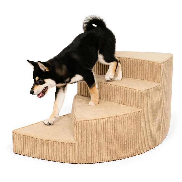 Brown pet stairs, soft foam dog steps for small to medium pets, washable cover.