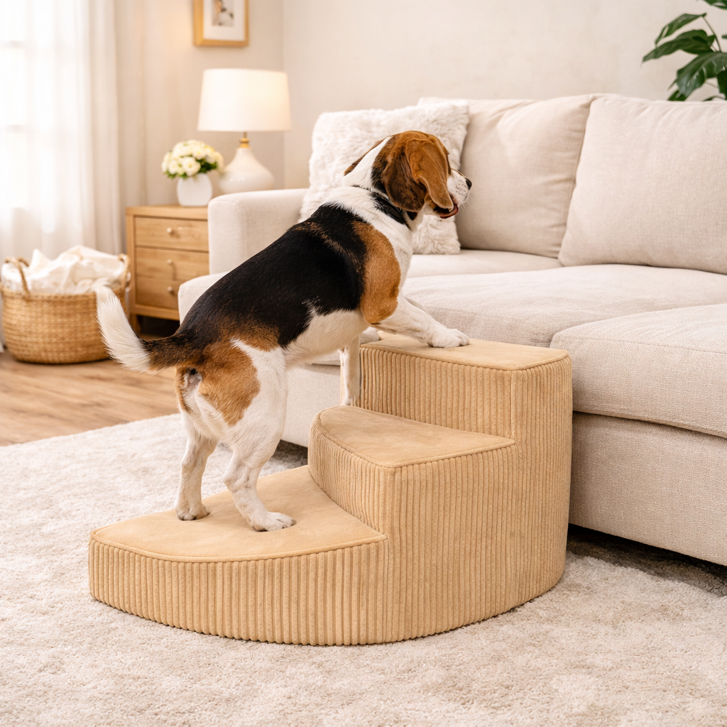 Beige pet stairs for senior dogs, providing joint support with non-slip foam steps.