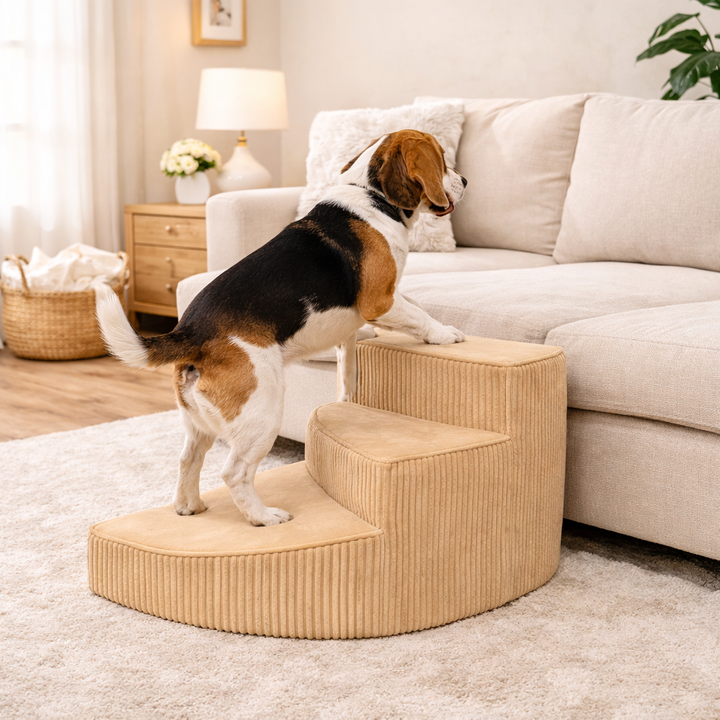 Beige pet stairs for senior dogs, providing joint support with non-slip foam steps.