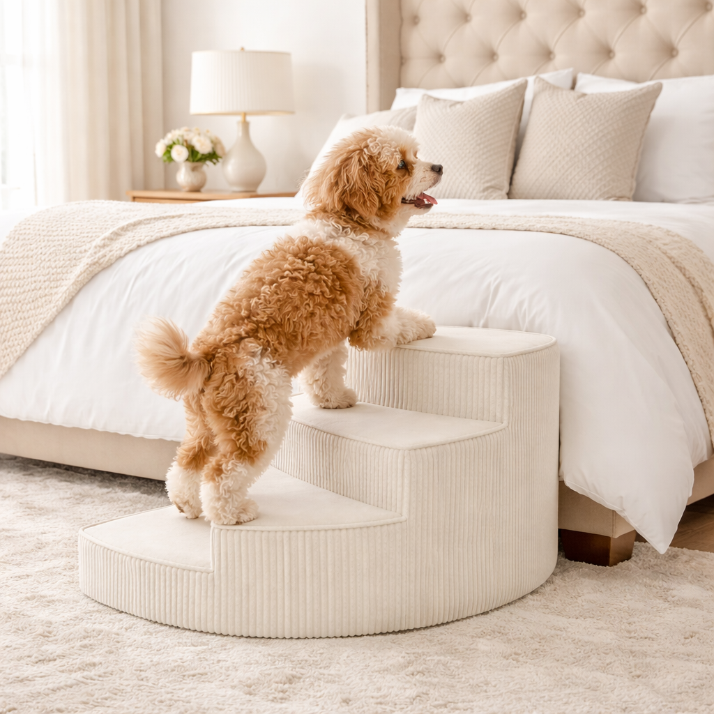 Brown pet furniture, supportive foam stairs for small dogs, ideal for joint care.