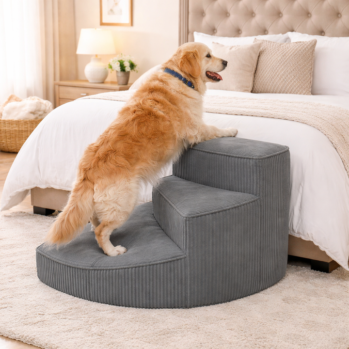 Washable cover pet stairs, beige foam steps for small dogs & senior pets, non-slip.