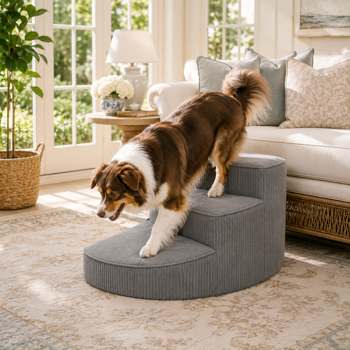 Dog mobility aid: Grey pet stairs with soft foam steps for small dogs, joint support.