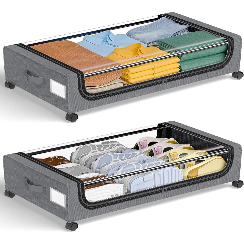 Modern underbed storage organizer with smooth-rolling wheels for easy access. Essential for neat home decor.