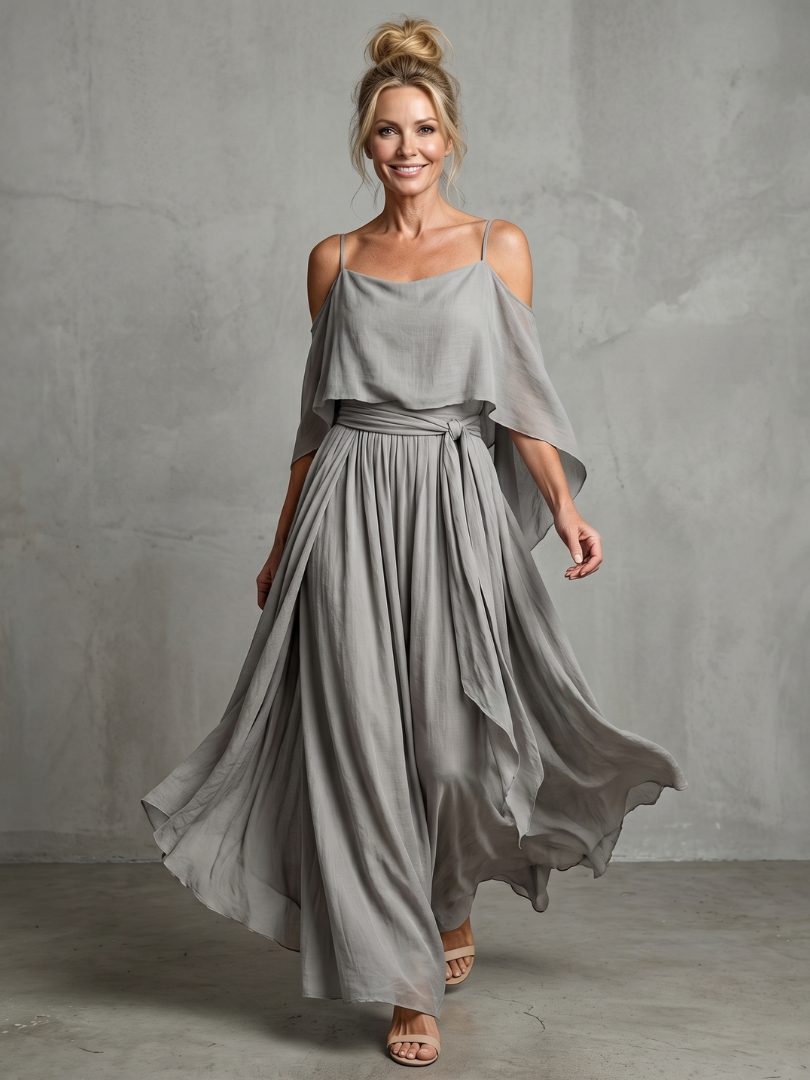 Grey women's layered cold shoulder top with wide leg pants set. Stylish & comfortable two-piece outfit for summer.