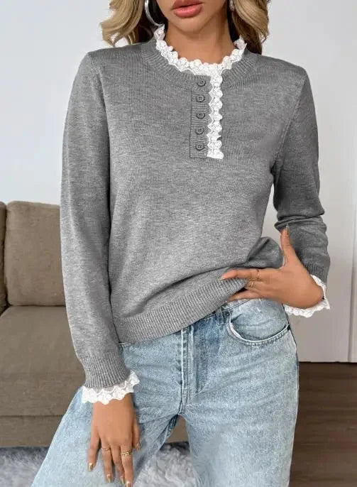 Grey women's retro long-sleeve sweater with elegant lace mock-neck and classic henley buttons.