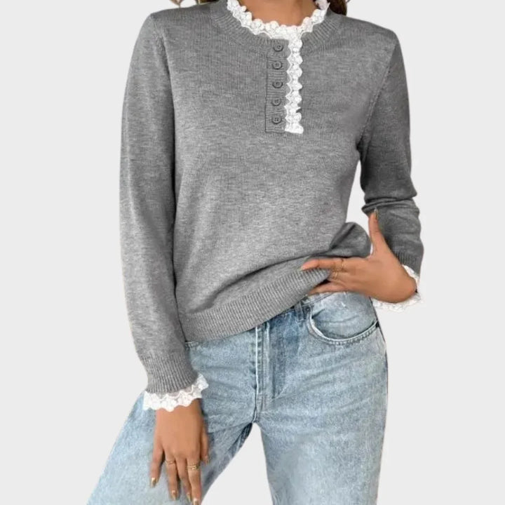 Cozy vintage style grey sweater for women, featuring a lace mock-neck and stylish henley buttons.