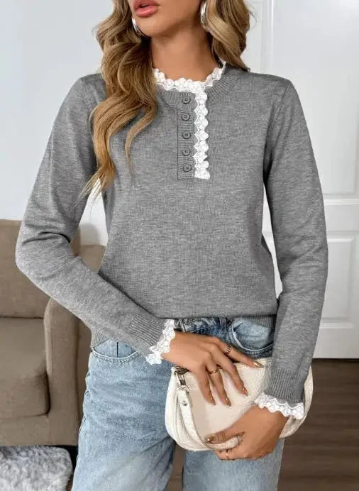 Women's retro grey long-sleeve sweater with delicate lace trim mock-neck and functional henley buttons.