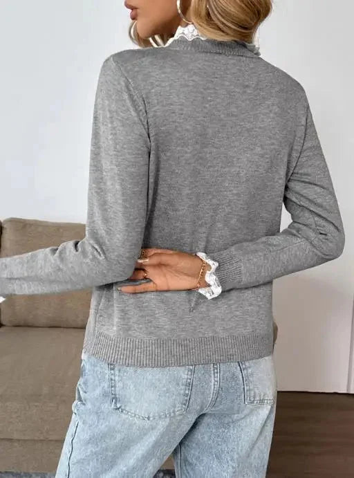 Elegant grey fall fashion sweater for women, a long-sleeve henley top with vintage-inspired lace mock-neck.