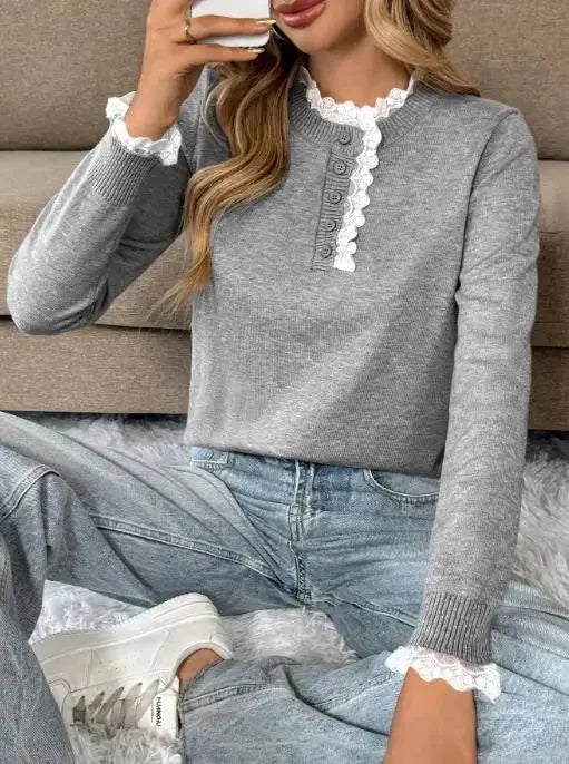 Stylish women's grey long-sleeve sweater with a retro lace mock-neck and front henley button detail.