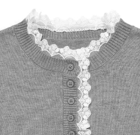 Cozy women's retro sweater in grey, featuring a long-sleeve design, lace mock-neck, and henley buttons.