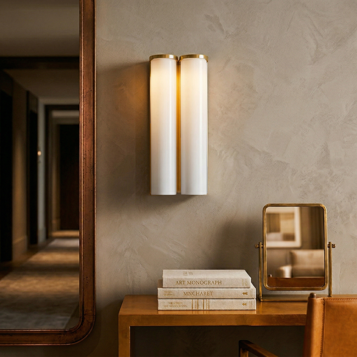 Modern Greymi Wall Lamp, hand-blown glass & LED. Ideal for bedroom, bathroom, or entryway lighting.