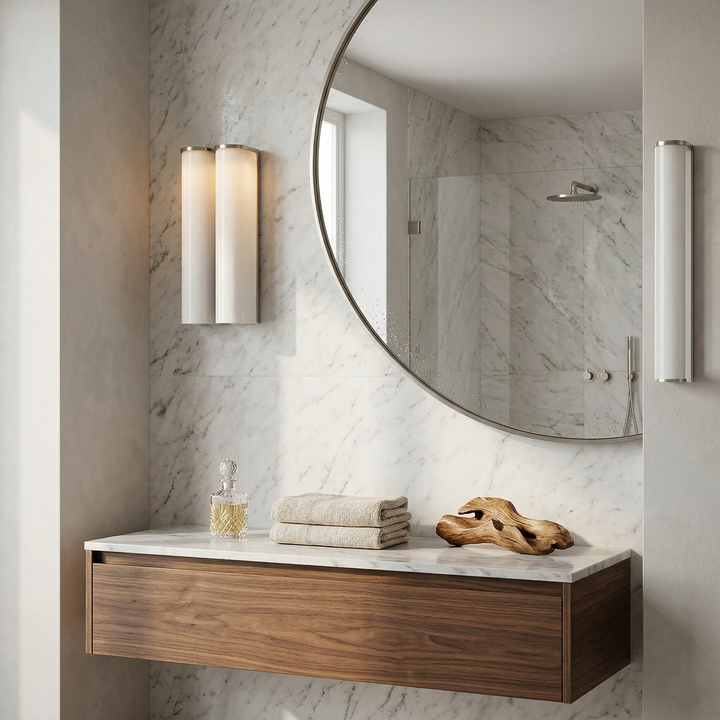 Greymi LED wall light. Vertical modern lighting with hand-blown glass design. Contemporary style.