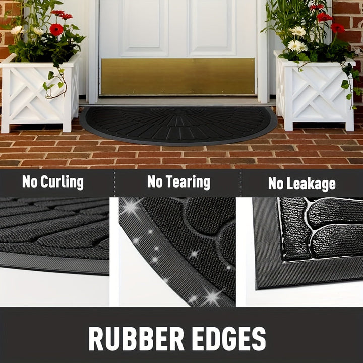 Entryway half-round sustainable rubber mat, an outdoor and indoor mud scraping solution.