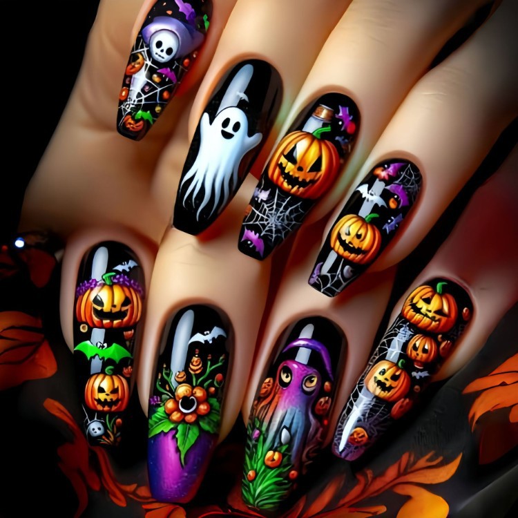 Halloween nail art stickers set with spooky pumpkins, ghosts, and bats. Perfect festive manicure decals.
