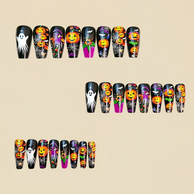 Easy-apply Halloween nail art decals featuring spooky ghost, bat, and pumpkin designs for festive manicures.