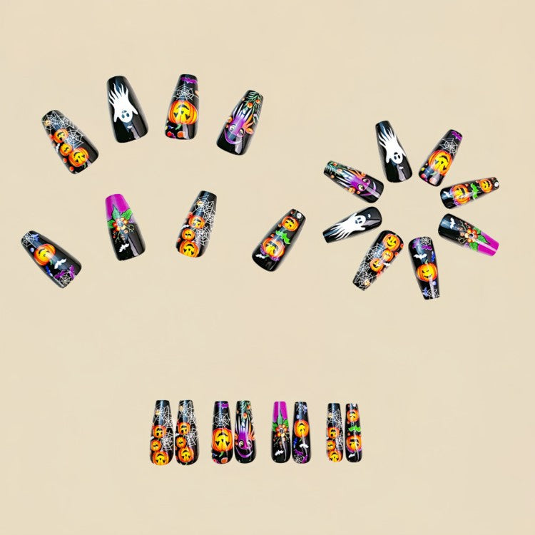 Spooky Halloween nail art stickers: festive pumpkin, ghost, and bat decals for a fun, unique manicure.